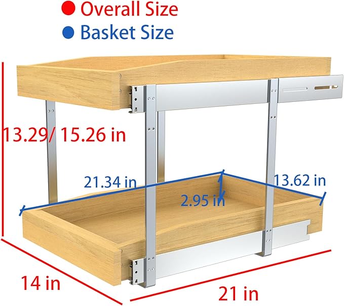 2 Tier Pull Out Cabinet Organizer, 14"W x 21"D Solid Wood Heavy-Duty Base Bottom Assembly Slide out Drawer Shel Cabinet Organization for Kitchen, Pantry, Bathroom