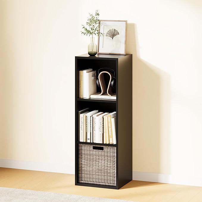IOTXY DIY Modular Cube Bookcase - CubeXY Customizable Stackable Expandable Basic Shelving Units, 3-Cube Wooden Open Bookshelf for Fabric Storage Bin Organizer, Black