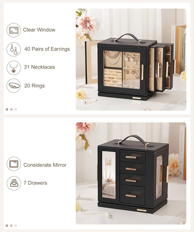 Homde Christmas Gifts Jewelry Box 360° Rotating, Necklace Earring Organizer with Transparent Window, Mirror, 7 Drawers, Large Ring Display Storage Case for Girls Women (Black)