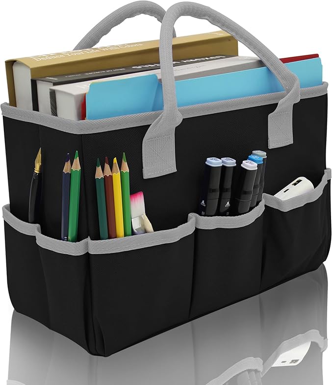 Cupohus Art Organizer Craft Storage Tote Bag with Pockets and Hadles, Oxford Fabric Carrying Caddy for Teacher, Officer, Artist, Students, Traveler, and more – Black with Grey Edge