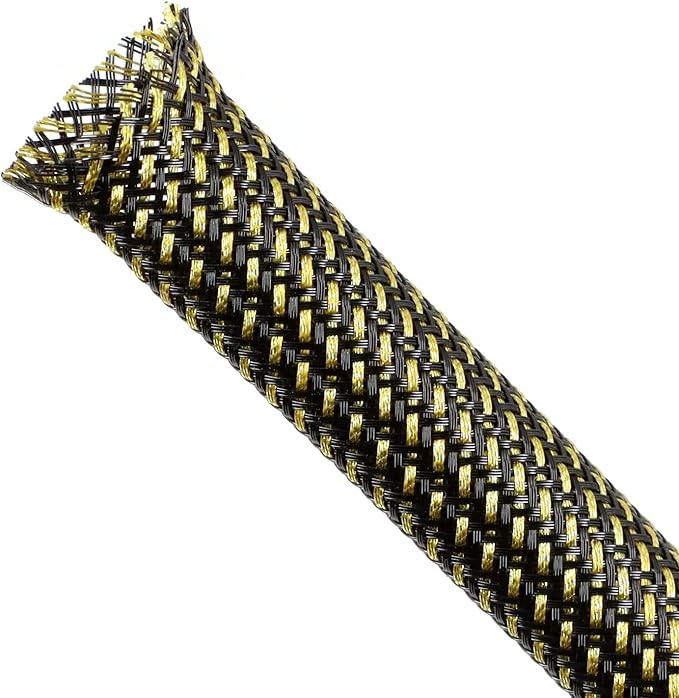 Braided Cable Sleeving, PET Expandable Braided Cable Sleeve, Flexible Mesh Sleeving Cord Management for Audio Video and Other Home Device, Cord Protector from Pets (Black Gold, 1/4" x 25ft)