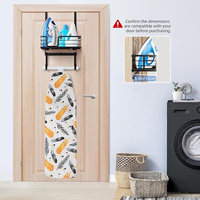 TJ.MOREE Over The Door/Wall Mount Ironing Board Hanger, Laundry Room Iron and Ironing Board Caddy Storage for Water Mister, Fabric Sprays, Laundry Detergent