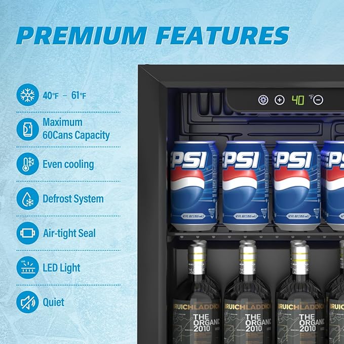 1.3 Cubic Feet Mini Fridge, 60 Can Freestanding Beverage Refrigerator with Glass Front Door for Soda, Beer Under Counter Small Refrigerator with Adjustable Shelves and Digital Display(Black)