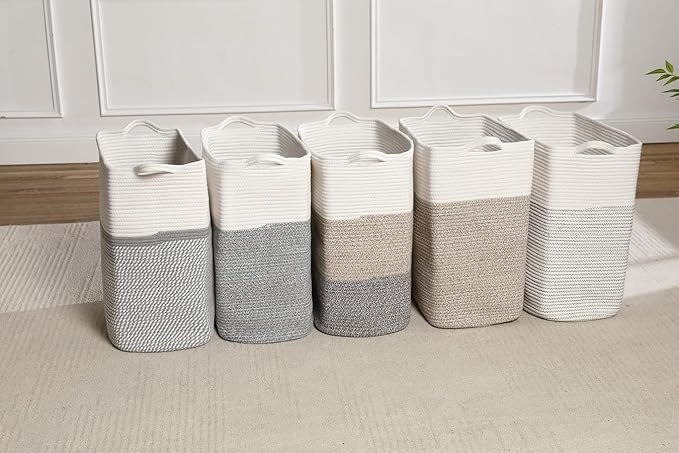Tall Laundry Basket With Handles,Woven Cotton Rope Big Laundry Hamper Sorters,Versatile Storage for Dirty Clothes,Baby Toys,and Blankets in Bathroom, Nursery,and Living Room (White Brown, 80L)