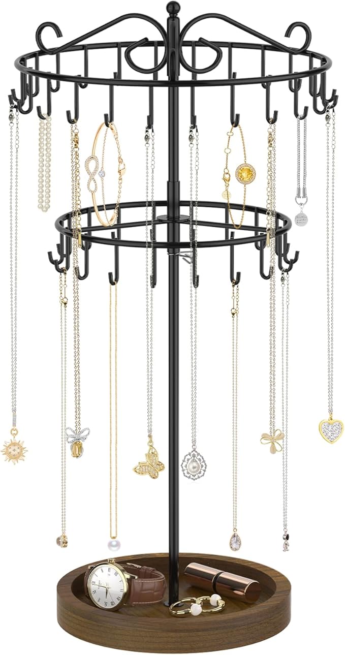iDavosic.ly 2 Tier Rotating Necklace Holder Organizer with Wooden Jewelry Tray, Adjustable Metal Bracelet Display Stand with 42 Hooks, Extra Tall Keychain Spinning Tree Tower for Women, Black