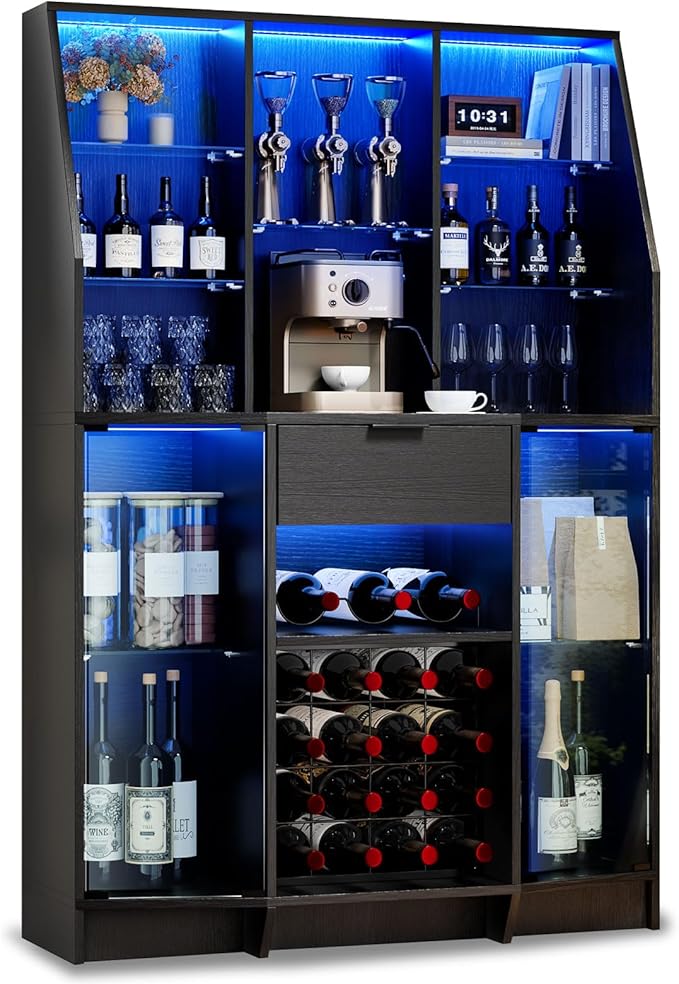 59.05" Wine Bar Cabinet W/ LED Lights & Tempered Glass Door, Home Bar Liquor Storage Cabinet With 16 Grid Wine Glass Rack & Adjustable Shelves,Coffee Cabinet with Drawer for Living Room, Dining Room