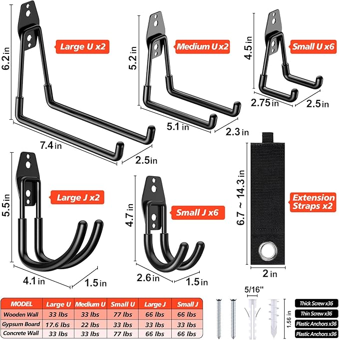 20 Pack Heavy Duty Garage Hooks,Solid Steel Wall Mount Hangers,with Anti-Slip Coating,for Hanging and Organising Ladder,Bike,Ropes,Broom,Garden,Yard and Power Tools
