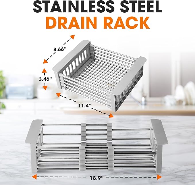 Cheer Collection Sink Drying Rack - Over The Sink Retractable Sink Strainer and Drainer for Washing Dishes, Fruits, Vegetables - Fits Kitchen Sinks up to 18" Inches