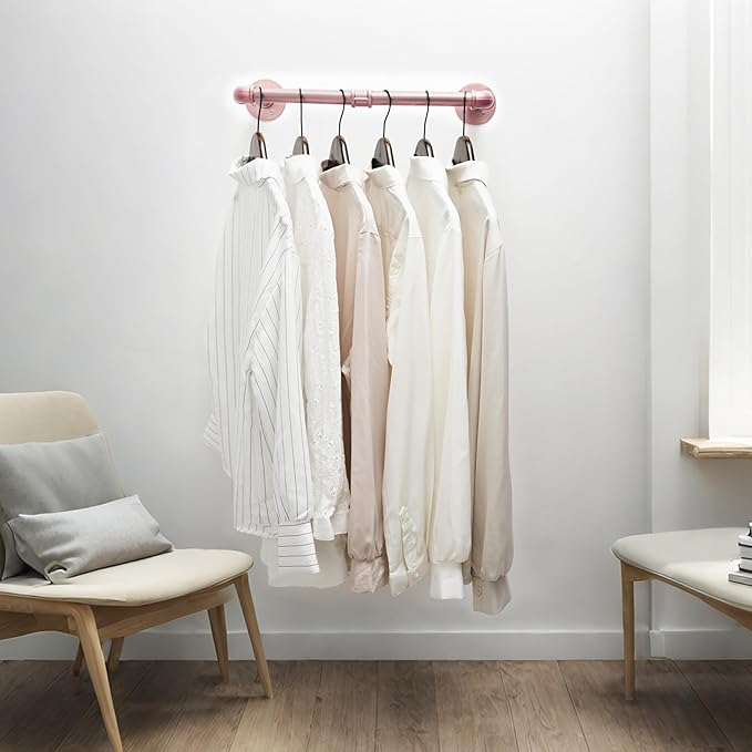WEBI Industrial Pipe Clothing Rack,20" Wall Mounted Clothes Rack for Hanging Clothes,Heavy Duty Metal Garment Rack Bar Wall Mount Clothing Rod for Closet,Laundry Room,Rose Gold