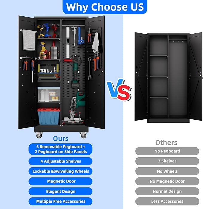 Black Broom Closet Storage Cabinet with Doors and 4 Shelves,Metal Cleaning Tool Cabinet with Pegboard,Hanging Rod for Brooms and Mops,Kitchen Pantry Storage Cabinet,Assembly Required