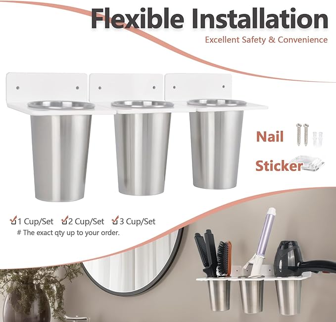 Hair Hot Tools Wall Mount, Hair Tool Organizer Acrylic Wall Holder With Stainless Steel Cup 4 Cup for Curling Iron Storage Flat Iron Organizer Blow Dryer Storage For Bathroom Vanity Salon