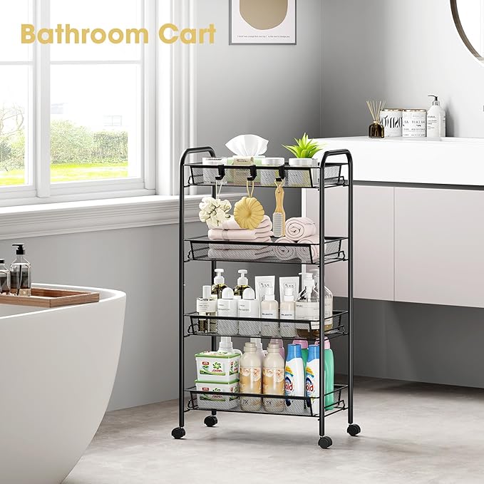 TOOLF 4-Tier Rolling Cart, Metal Utility Cart with 3 Hooks, Easy Assemble Mobile Storage Trolley On Wheels, Metal Shelving Units Kitchen Bathroom Laundry Room