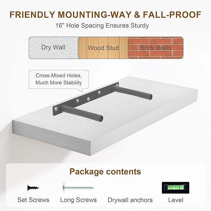 30 Inch Floating Shelves, Rustic Floating Wall Shelves 8 Inch Deep, 30 x 8 Floating Shelves for Home Decor, Deep Display & Storage Shelves for Kitchen, Bathroom, Living Room, White Color, Set of 2