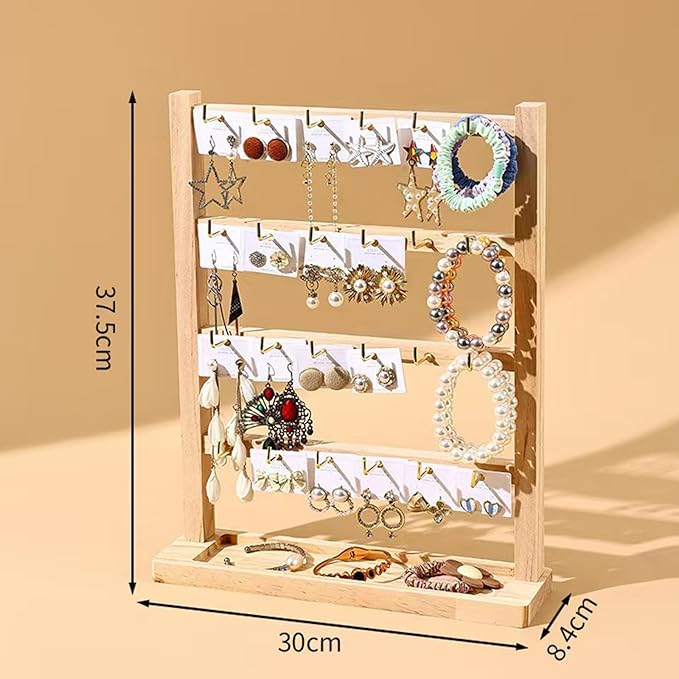 4 Layers of Wooden Display Eacks With Hooks for Necklaces. Rings, Earrings, Bracelets, And Other Jewelry Storage Display Rack