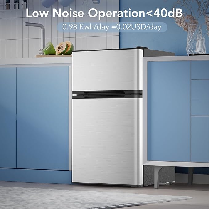 3.1 Cu.Ft Mini Fridge with Freezer, Compact Refrigerator with 2 Doors, Small Fridge with Adjustable Thermostat & Removable Glass Shelves for Bedroom, Office, Dorm, or Apartment, Silver