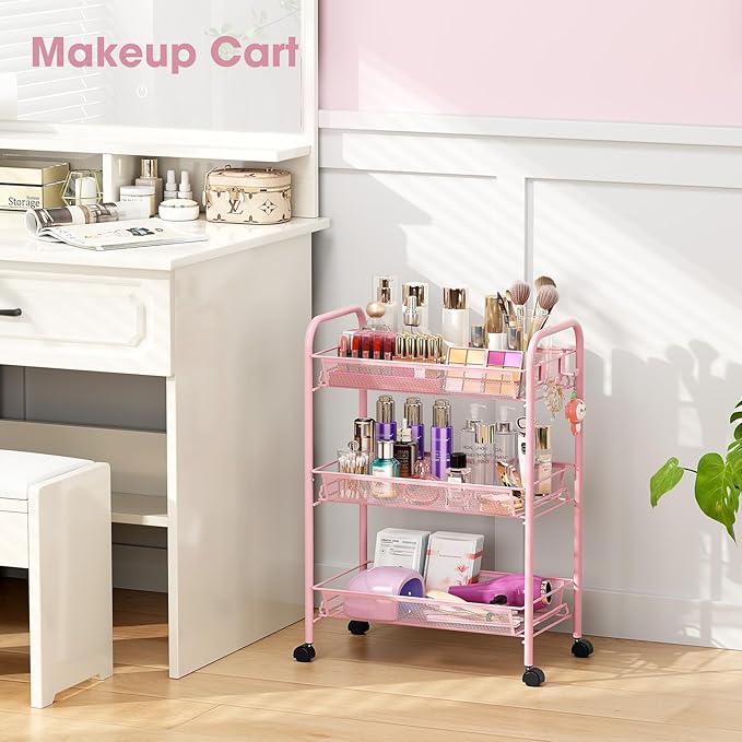 TOOLF 3 Tier Rolling Utility Cart - Durable Metal Design Pink Utility Cart, Storage Trolley on Wheels with 3 Hooks, Perfect for Kitchen, Bathroom & Laundry Room Organization
