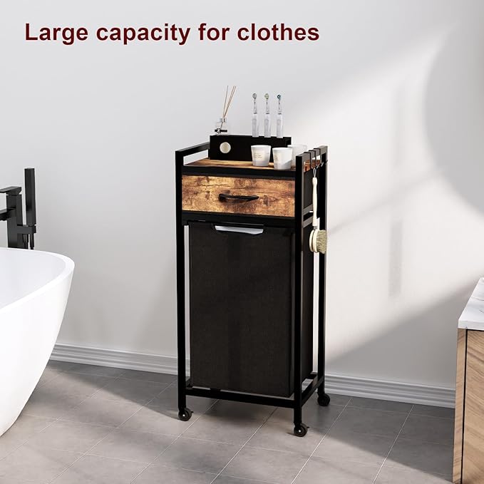 Laundry Hamper, Laundry Sorter, Rolling Laundry Basket with Drawer, 18 Gal (68 L), Pull-Out and Removable Oxford Fabric Bags, Black and Rustic Brown