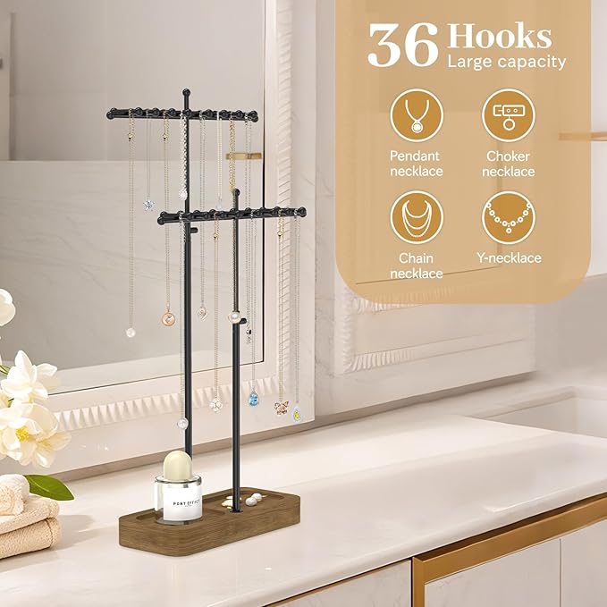 MODOWEY Necklace Holder Organizer Stand with 36 Hooks, Tall Display Tree Rack for Women Men Jewelry Storage, Adjustable 2 tier Metal Hanger Wood Tray for Vendor, Large Capacity for Dresser Small Space