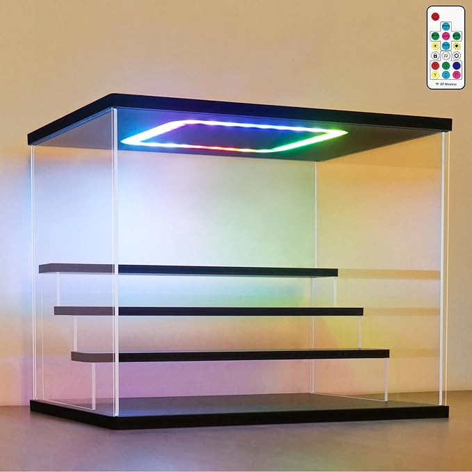 NONEMEY Clear Acrylic Display Case with Light ,3/4/5/6 Tier Multiple Color Lights via Remote Control Dustproof Display Box for Collectibles Figures Mini Toys (4Tier 12.4*9.6*10.4inch)