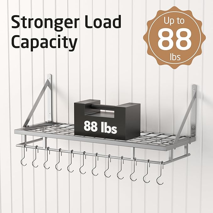 KES 30-Inch Silver Gray Pot Rack, Wall Mounted Hanging Pot and Pan Organizer with 12 Sturdy Hooks, Kitchen Wall Hanger Shelves Modern, KUR215S75A-SG