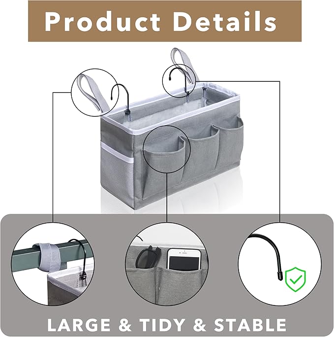 2pcs Bedside Caddy Storage Organizer, Hanging Bag Holder with Pockets for Bedroom, Loft Bed Tent, Bed Curtain, Top Bunk bed Shelf Accessories (Khaki)