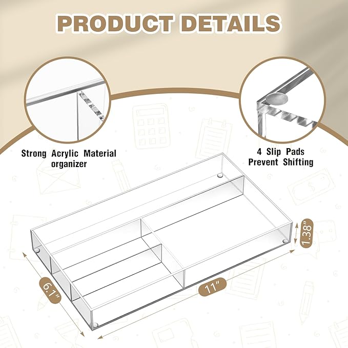 Acrylic Desk Drawer Organizer 11 x 6.1 x 1.38 Inch Storage Tray Organizer for Pens, Stationery, Desktop, Office, Bathroom, Kitchen, Makeup Supplies(4 Compartments, Clear)