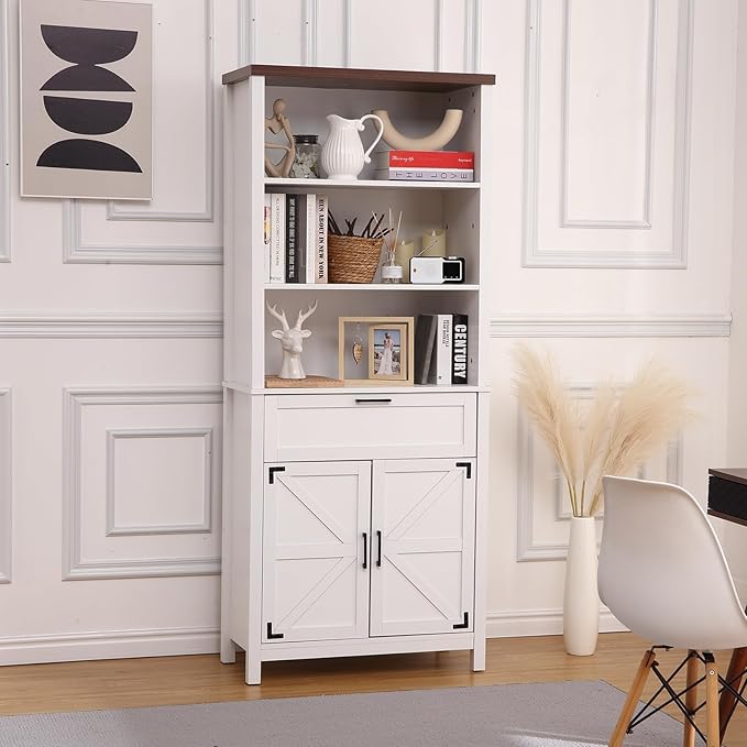 GarveeHome Bookshelf with Doors, 6-Tire Farmhouse Storage Cabinet Bookcase Floor Standing Bookshelves with w/ 1 Drawer and Adjustable Shelves for Homeoffice Living Room, Bedroom