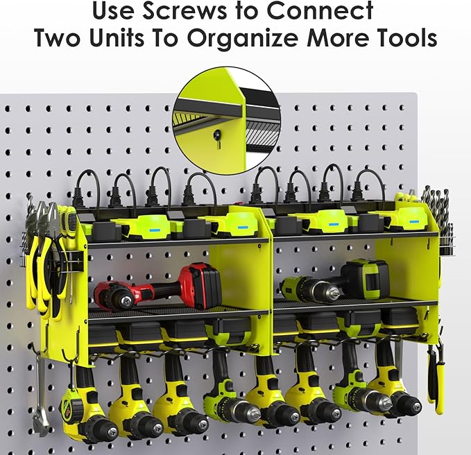 CCCEI Modular Power Tool Organizer Wall Mount Charging Station, Green 6 Drills Holder with 8 Plug Power Strip 6FT, Garage Drill Battery Heavy Duty Metal Shelf, Utility Rack with Hooks, Side Storage.