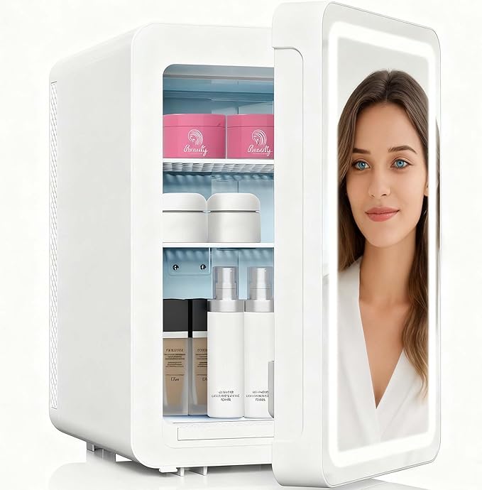 20L Skincare Fridge with Mirror & LED Lighting, 3-Mode Dimmable, Cooler & Warmer with Drip Tray for Makeup, Cosmetic, Beauty, Mini Beauty Fridge for Bedroom, Vanity, Car & Home Use