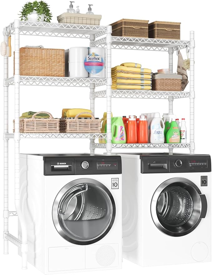 U15 Over Washer and Dryer Storage Shelves, Laundry Above Washer Dryer Storage Rack Space Saver, 6-Tier Wire Shelf with 4 Hooks for Organization, 63.4"W x 17.3"D x 76.4"H, Holds 568lbs, White
