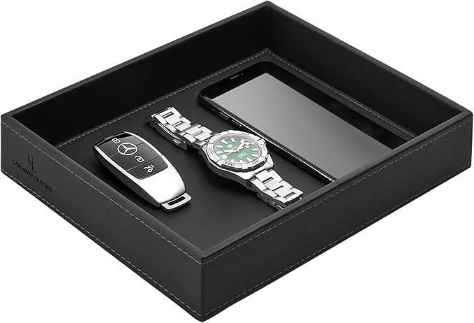 GALLAWAY LEATHER Valet Tray for Men - Nightstand Organizer EDC Tray for Wallet and Keys - Dresser Leather Catchall Dump Key Tray - Bedside Table Tray Organizer Key Bowl for Entryway Table (Black)
