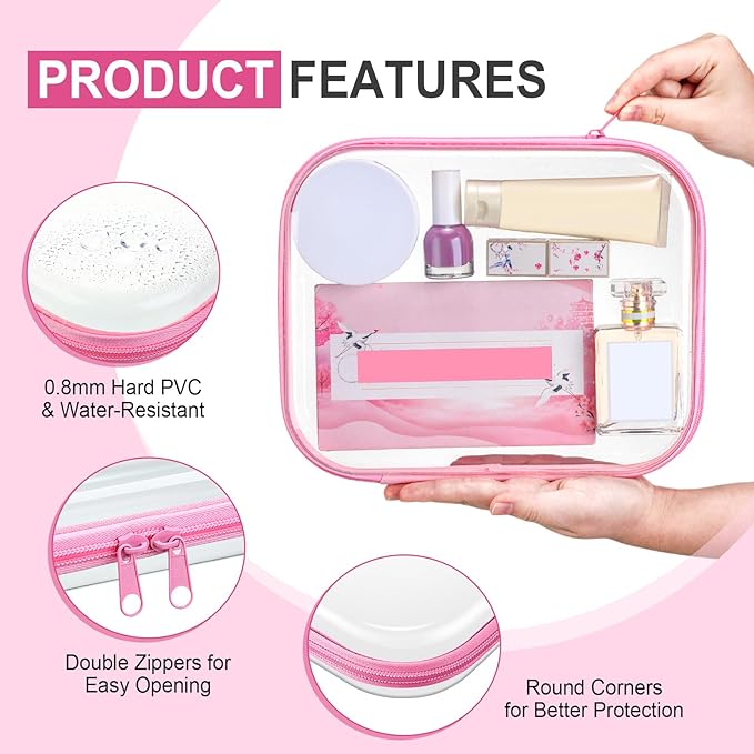 Sanwuta 6 Pcs Clear Hard Zipper Case Hard Plastic Zipper Pouches Transparent Makeup Bag Pencil Pouches for Travel Snacks Christmas Trinket Storage Organizer Box(Pink,9.84 x 7.87 x 2 Inch)