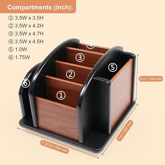 Coideal Remote Control Holder Caddy - Wooden Rotating Coffee Table Organizer Large Spinning Wood Remote Holder for Living Room Office (6 Compartments, Brown & Black)