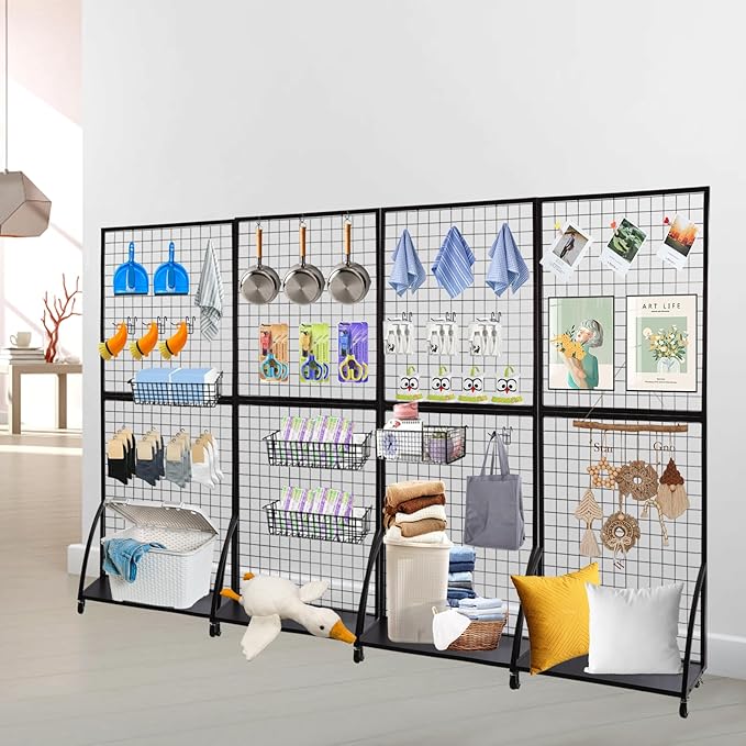 Eastern Tree Grid Wall Panels, Black Gridwall Panels Stand with Base Plate, Wire Grid Wall Panel Display with Wheels, Craft Show Display Rack, Retail Display with 20 Pieces Hooks, 2 Packs 2.5'x 6'
