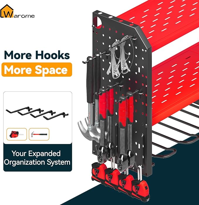 Warome Garage Tool Organizer Wall Mount with Charging Station, Power Tool Organizer with Large 8-Outlet Power Strip, Tool Storage Rack with 8 Cordless Drill Holders, Battery Utility Rack in Red