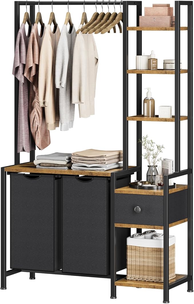 Laundry Hamper with Shelf, 5 Tiers Tall Laundry Basket Sorter with 2 Pull-Out and Removable Bags, Clothes Rack with Laundry Sorter for Laundry Room Bathroom Bedroom, Rustic Brown