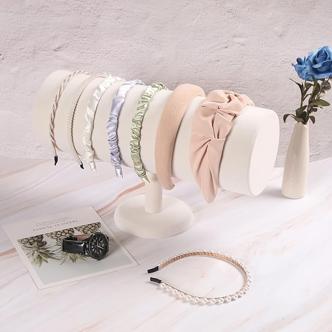 ByKen T-bar Headband Holder Organizer,Hair Band Ear Jewelry Accessories Display Stand for Girls(Beige Velvet)
