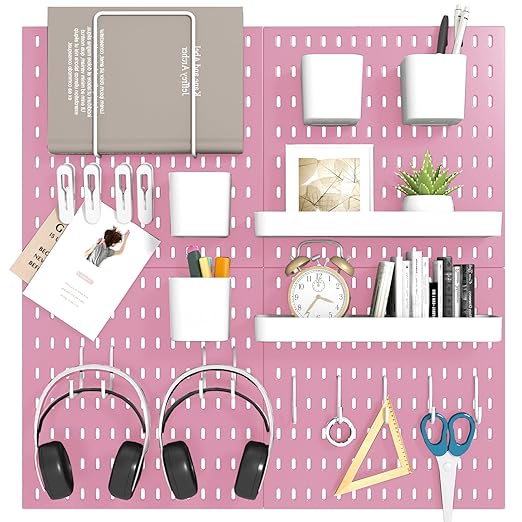 Peg Board Combination Kit, 4 Pegboards with 20 Accessories, Pegboard Wall Organizer for Office, Nursery & Home Storage, Key Holder, 25.6"x25.6" – Nail-Free Installation（Pink）