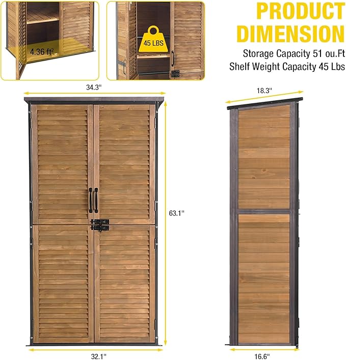 Aivituvin Outdoor Storage Shed with Adjustable Shelves and Floor, Garden Sheds with Iron Frame and Wooden Frame, Outdoor Tool Cabinets with Inclined Weatherproof Roof