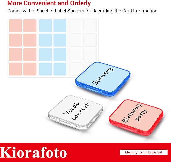 Kiorafoto 24 PCS Multi-Color Clear Plastic SD Card Case Holder for 24 SD SDXC SDHC Cards, Transparent Standard Memory Card Case Jewelery Box Storage Organizer with Labels