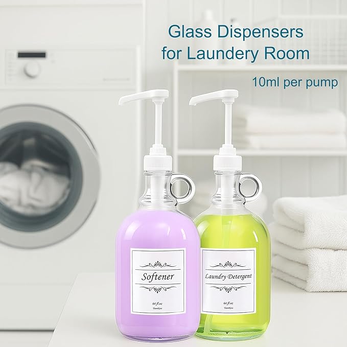 2 Pack Laundry Detergent Dispenser with Pump and Lid, 64 Oz Glass Bottles for Laundry Room Organization and Storage, Fabric Softener Dispenser for Washer