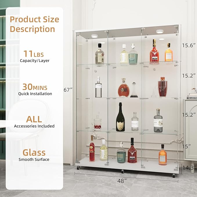 Beauty4U Glass Display Cabinet with LED Lights, Extra Large 3 Columns 2 Doors Curio Cabinets with 12 Shelves for Living Room, Bedroom, Office, White Floor Standing DIY Glass Bookshelf