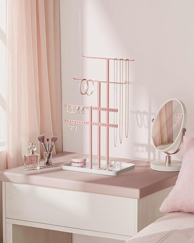 pickpiff Jewelry Stand Holder Organizer: 14.5" Sturdy Hanger for 80 Pcs Jewelry, Pink Jewlery Tower for Display Necklace, Earring, Bracelet, Watch