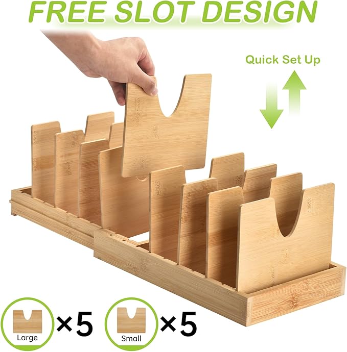 Pots and Pans Organizer under Cabinet - Bamboo Expandable Pot Lid Organizer, Adjustable Bakeware and Cutting Board Organizers, Pot Lid Holder Rack for Kitchen Organizers and Storage