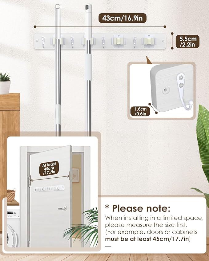 AceMining Broom Holder Wall Mounted, White 4 Holders and 4 Hooks Mop Holder, Wooden Mop and Broom Holder with Anti slip rubber, Natural pine wood Brush Holder, Mop Wall Holde with Nail installation