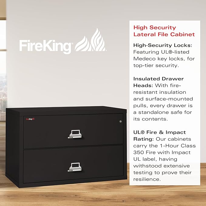 Fireking Fireproof Lateral File Cabinet (2 Drawers, Impact Resistant, Water Resistant), 27.75" H x 44.5" W x 22.13" D, Black