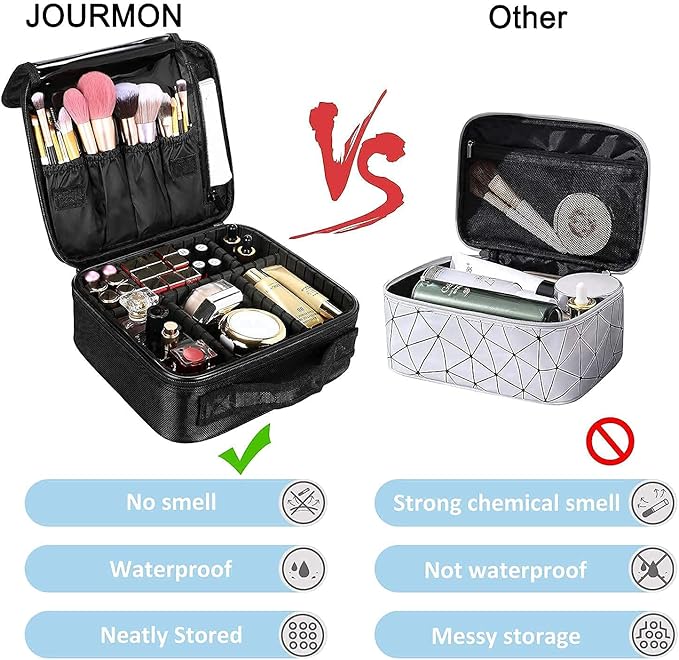 JOURMON Travel Makeup Bag, Large Capacity Cosmetic Train Case for Women Portable Pouch Open Flat Artist Brushes Toiletry Jewelry Digital Organizer Storage Bag with Adjustable Dividers