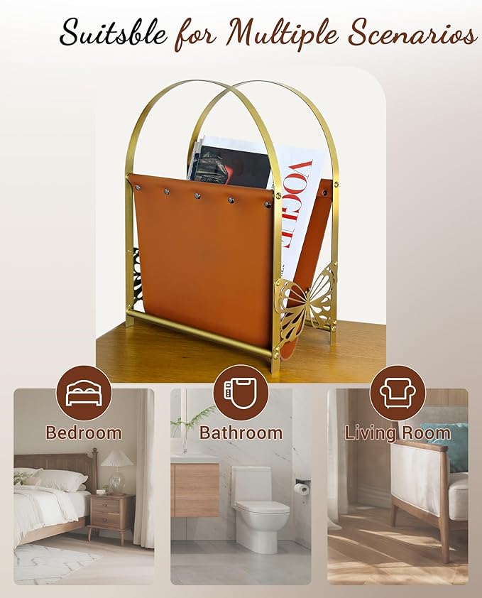 Aocii Magazine Holder, Artificial Leather Magazine Rack Floor with Golden Butterfly Hardware & Antique Brass Buckles, Bathroom Magazine Rack, Magazine Organizer for Floor Standing Home Decor