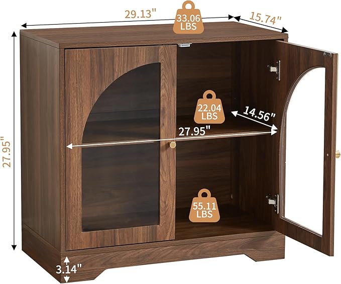 27" Floor Storage Cabinet, Mid-Century Wood Sideboard Buffet Cabinet with Display Arched Acrylic Door & 3-Level Adjustable Shelve for Bathroom, Living Room, Kitchen, Coofee Bar (Walnut)