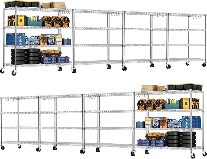 PrimeZone 4 Tier 55.5" Wx24 Dx76 H Wire Shelving with Wheels 2400lbs NSF Certified Storage Shelves Heavy Duty Metal Shelf Adjustable Rolling Rack Commercial Garage Restaurant Warehouse Kitchen 8Pack